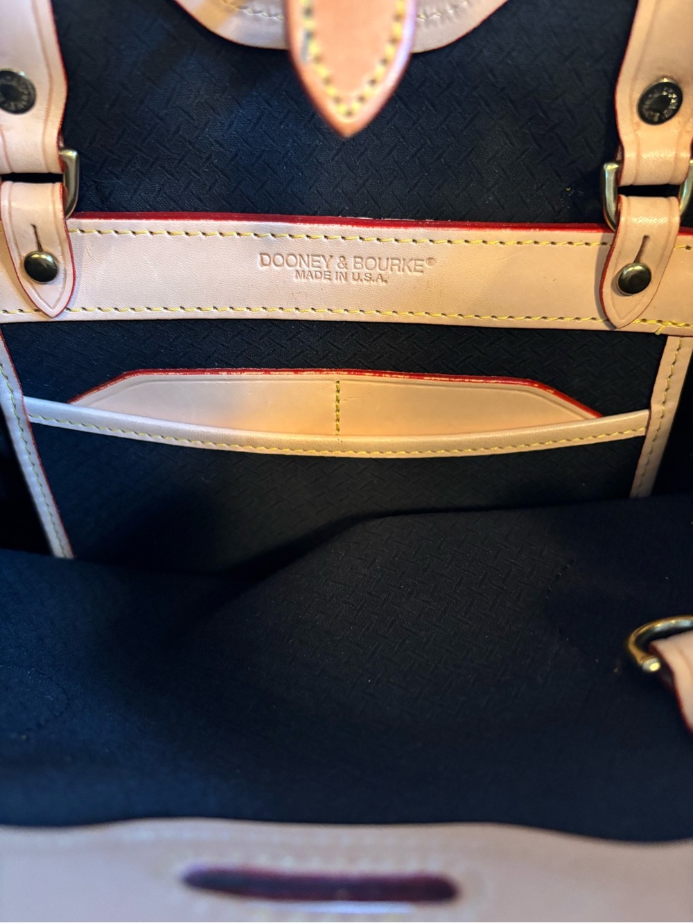 Dooney & Bourke Navy Canvas Cabriolet Bucket Bag Tote Tan Leather Trim - Picture 11 of 15